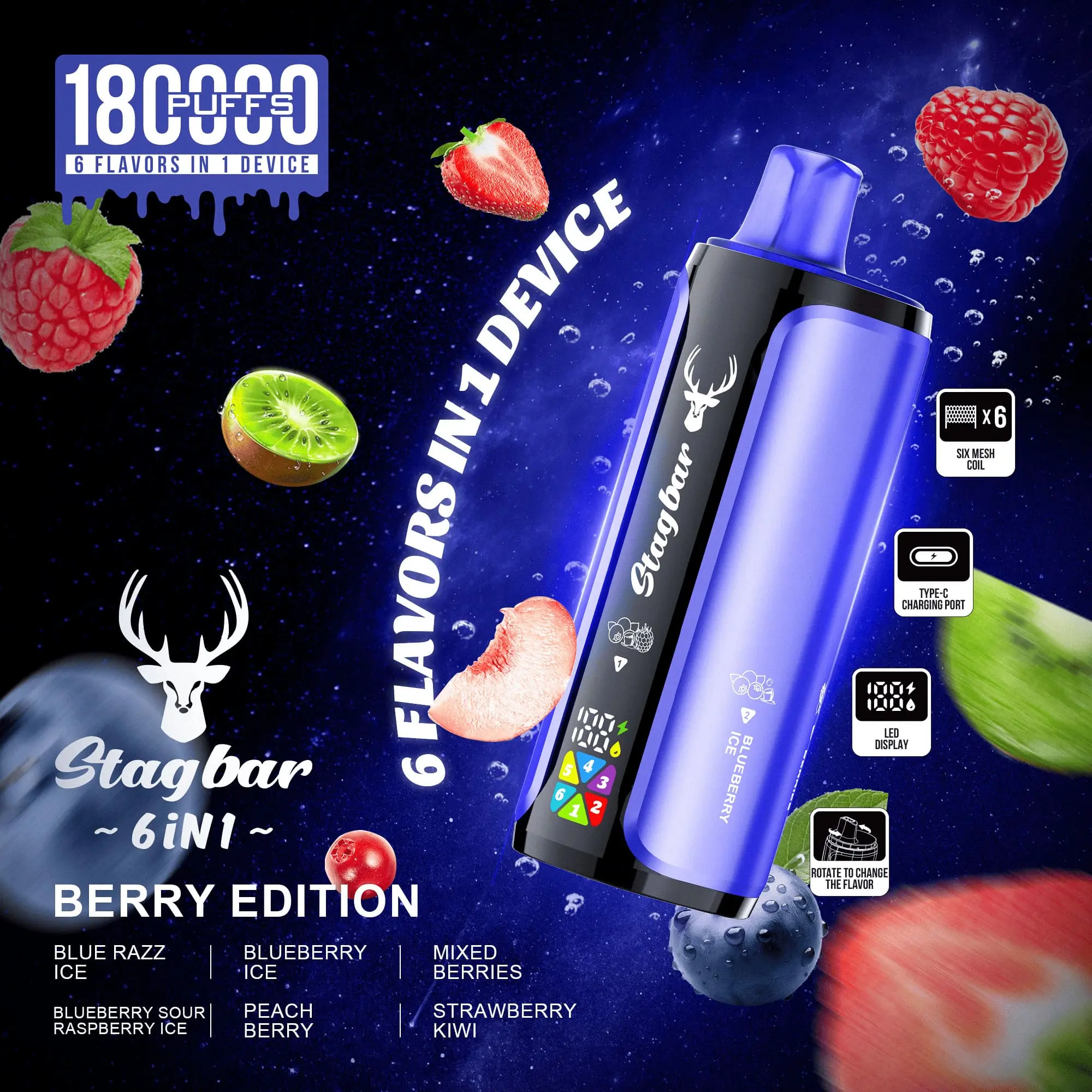 Stag Bar 180 000 puffs - 6in1 - Berry Edition - erdei bogyók intenzív kavalkádja (MIX 4)