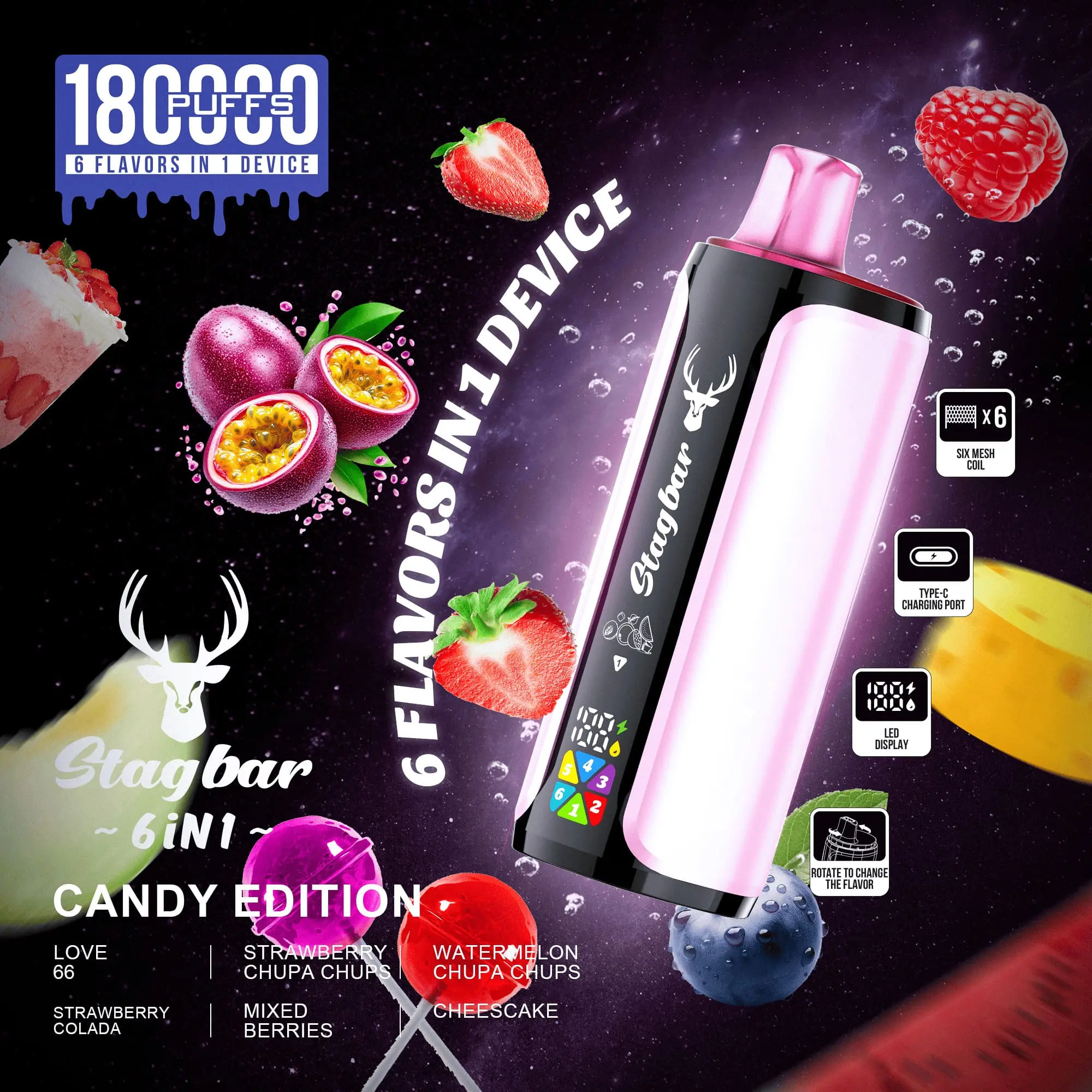 Stag Bar 180 000 puffs - 6in1 - Candy Edition - édességek, nyalókák és desszert ihletű ízek (MIX 8)