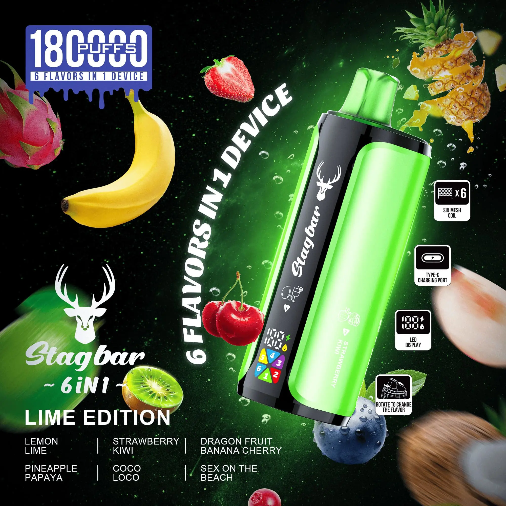 Stag Bar 180 000 puffs - 6in1 - Lime Edition - friss, citrusos, nyárra hangolt ízsor (MIX 6)