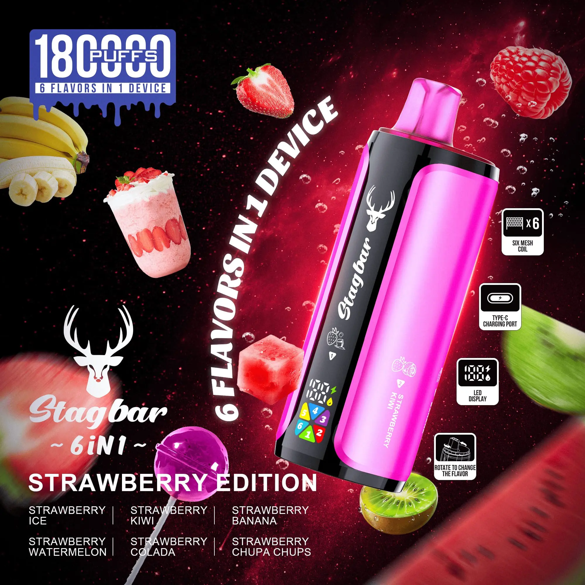 Stag Bar 180 000 puffs - 6in1 - Strawberry Edition - epres világ a jegestől a kolada ízűig (MIX 3)
